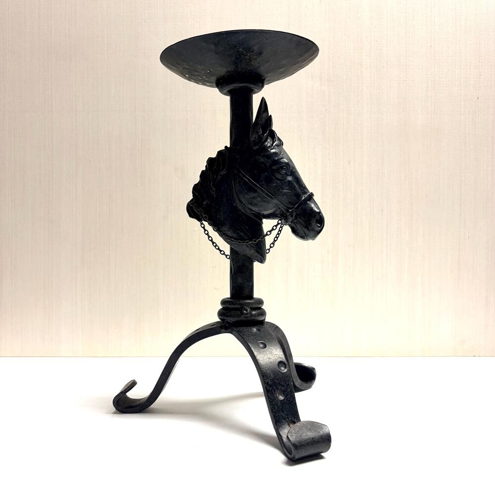 Vintage Metal Horse Head Pillar Candle Holder Equestrian Design